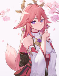 Rule 34 | 1girl, amco, animal ears, bare shoulders, fox ears, fox tail, genshin impact, hair ornament, hair over one eye, highres, japanese clothes, miko, pink hair, purple eyes, simple background, solo, tail, white background, wide sleeves, yae miko
