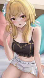 Rule 34 | 1girl, bare shoulders, blonde hair, blush, breasts, cleavage, collarbone, feather hair ornament, feathers, flower, genshin impact, hair flower, hair ornament, large breasts, looking at viewer, lumine (genshin impact), medium hair, open mouth, sidelocks, solo, thighs, yamikyon, yellow eyes
