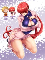 Rule 34 | 1boy, 1girl, breast hold, breasts, chibi, cleavage, cleavage cutout, clothing cutout, ear piercing, full body, hair over eyes, highres, kneeling, large breasts, long hair, long sleeves, miru (mill 36), parted lips, piercing, red hair, ryou sakazaki, shermie (kof), skindentation, smile, split ponytail, star (symbol), starry background, the king of fighters, thighs, translation request, twitter username, undershirt, very long hair, weight conscious