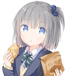 Rule 34 | 1girl, :o, bag, blazer, blue eyes, blue jacket, blue scrunchie, blush, bow, brown sweater, collared shirt, commentary request, diagonal stripes, food, green bow, grey hair, hair ornament, hair scrunchie, holding, holding bag, holding food, jacket, long sleeves, looking at viewer, one side up, original, paper bag, parted lips, scrunchie, shirt, simple background, sleeves past wrists, solo, striped, sweater, taiyaki, upper body, wagashi, wataame27, white background, white shirt