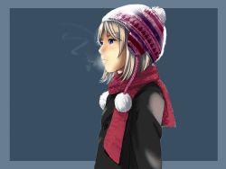 Rule 34 | 1girl, bad id, bad pixiv id, blue eyes, breath, hat, jacket, long sleeves, looking to the side, munakata (hisahige), original, parted lips, profile, scarf, short hair, silver hair, solo, steam, upper body, winter clothes