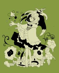 Rule 34 | 1boy, closed mouth, commentary request, flower, frilled sleeves, frills, green theme, hat, kirby (series), magolor, male focus, monochrome, nintendo, personification, scarf, sketch, skirt, sleeves past elbows, solo, star (symbol), usagi nui, wide sleeves