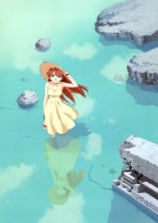 Rule 34 | 1girl, blue eyes, dress, from above, hat, highres, long hair, neon genesis evangelion, orange hair, outdoors, red hair, reflection, reflective water, ruins, sandals, shoes, unworn shoes, smile, solo, souryuu asuka langley, straw hat, sushio, wading, watch, water, wind, wristwatch, yellow dress