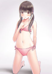 Rule 34 | 1girl, arm behind back, bad id, bad pixiv id, bikini, black hair, blush, breasts, brown eyes, chikuwa (glossymmmk), chikuwa (odennabe), cleavage, kneeling, long hair, looking at viewer, navel, open mouth, original, parted lips, pink bikini, side-tie bikini bottom, skindentation, small breasts, solo, swimsuit, twintails