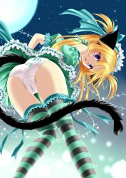 Rule 34 | 1girl, animal ears, blonde hair, bow legwear, cameltoe, cat ears, cat tail, detached sleeves, highres, kemonomimi mode, mint (sora o aogite kumo takaku), mint (sora wo aogite kumo takaku), moon, panties, pantyshot, puffy short sleeves, puffy sleeves, purple eyes, short sleeves, solo, sora o aogite kumo takaku, sora wo aogite kumo takaku, striped clothes, striped thighhighs, tail, tegaki no yuu, thigh gap, thighhighs, thighs, two side up, underwear, white panties