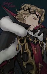 Rule 34 | 1boy, absurdres, aristocratic clothes, armor, black armor, black background, blonde hair, circlet, commission, fire emblem, fire emblem fates, fur trim, highres, looking at viewer, male focus, misokatsuhaumai, nintendo, red eyes, siblings, xander (fire emblem), xander (gallant king) (fire emblem)
