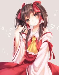 Rule 34 | 1girl, alternate hairstyle, ascot, bad id, bad pixiv id, bare shoulders, bow, brown eyes, brown hair, collarbone, detached sleeves, hair bow, hakurei reimu, hand in own hair, heart, long sleeves, looking at viewer, nunucco, playing with own hair, shirt, skirt, solo, touhou, two side up, wide sleeves