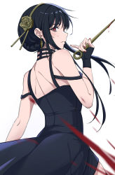 Rule 34 | 1girl, absurdres, back, baihuenyexing, bare shoulders, black dress, black gloves, black hair, blood, commentary, dress, earrings, gloves, hairband, highres, holding, holding weapon, jewelry, long hair, looking at viewer, nail polish, red nails, simple background, solo, spy x family, weapon, white background, yor briar