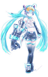 Rule 34 | 1girl, aqua eyes, aqua hair, detached sleeves, full body, gloves, goggles, goggles on head, hatsune miku, headset, highres, kowiru, long hair, looking at viewer, midriff, power fist, simple background, solo, standing, thighhighs, twintails, vocaloid