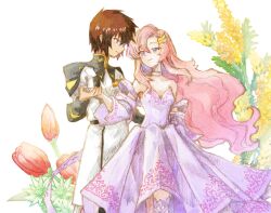 Rule 34 | 1boy, 1girl, apatite teaka, bare shoulders, black jacket, blue eyes, breasts, brown hair, choker, cleavage, couple, cowboy shot, detached sleeves, dress, floral background, flower, gold trim, gundam, gundam seed, gundam seed destiny, hair between eyes, hair ornament, hairclip, hetero, highres, holding hands, jacket, kira yamato, lacus clyne, light smile, long hair, long sleeves, looking at another, medium breasts, military uniform, multicolored clothes, multicolored jacket, parted bangs, pink hair, purple choker, purple dress, red flower, short hair, sidelocks, smile, strapless, strapless dress, tulip, two-tone jacket, uniform, wavy hair, white background, white jacket, yellow flower