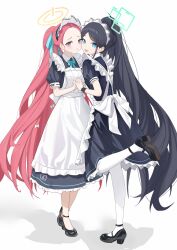 Rule 34 | 2girls, :d, absurdres, apron, aris (blue archive), aris (maid) (blue archive), black footwear, black hair, blue archive, blue eyes, cheek-to-cheek, fangfangtu, forehead, full body, halo, heads together, highres, holding hands, interlocked fingers, long hair, looking at viewer, maid, maid apron, maid headdress, multiple girls, official alternate costume, open mouth, pantyhose, ponytail, puffy short sleeves, puffy sleeves, purple eyes, red hair, shadow, shoes, short sleeves, simple background, smile, standing, standing on one leg, very long hair, white apron, white background, white pantyhose, yuzu (blue archive), yuzu (maid) (blue archive)