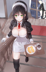 Rule 34 | !, 1girl, black choker, black hair, black jacket, black thighhighs, breasts, choker, cleavage, coffee, cropped jacket, detached collar, dress, food, from above, gloves, green eyes, hairband, highres, holding, holding tray, jacket, kfr, large breasts, long hair, maid, multiple views, neck ribbon, original, red ribbon, ribbon, smile, stairs, thighhighs, tray, walking, white dress, white gloves, white hairband