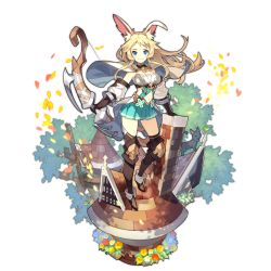 Rule 34 | animal ears, blonde hair, blue eyes, boots, bow, cape, cat, clothing cutout, dragalia lost, eleonora (dragalia lost), full body, holding, holding weapon, leaf, long hair, looking at viewer, midriff, nintendo, non-web source, official art, petals, rabbit ears, rabbit girl, saitou naoki, skirt, solo, stomach cutout, transparent background, tree, weapon