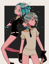 Rule 34 | 2others, amputee, androgynous, antarcticite, aqua eyes, aqua hair, black gloves, black jacket, black necktie, black shorts, border, bright pupils, closed mouth, colored skin, contrapposto, crystal hair, double amputee, expressionless, floating, floating hair, gem uniform (houseki no kuni), gloves, grey eyes, grey hair, hand on weapon, high collar, highres, houseki no kuni, jacket, looking afar, looking at viewer, looking to the side, menma (enaic31), midair, multiple others, necktie, outside border, parted lips, phosphophyllite, puffy short sleeves, puffy sleeves, shards, shirt, short hair, short shorts, short sleeves, shorts, standing, translucent hair, twitter username, white border, white jacket, white pupils, white shirt, white shorts