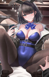 Rule 34 | 1girl, 1other, absurdres, alternate costume, animal ears, arknights, arknights: endfield, armpit crease, bare shoulders, black eyes, black hair, black jacket, black pantyhose, blue bow, blue bowtie, blue collar, blue leotard, blue nails, blunt bangs, blush, bow, bowtie, breasts, chinese commentary, cleavage, collar, collarbone, commentary request, covered navel, detached collar, endministrator (arknights), fake animal ears, female endministrator (arknights), hair ornament, highleg, highleg leotard, highres, holding, holding phone, indoors, jacket, large breasts, leotard, looking at viewer, nail polish, no shoes, open clothes, open jacket, pantyhose, phone, playboy bunny, rabbit ears, short hair, sitting, smile, solo focus, spread legs, toes, wuren