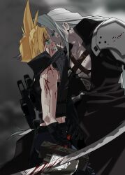 Rule 34 | 2boys, armor, belt, black coat, black gloves, black pants, blonde hair, blood, blood in hair, blood in mouth, blood on face, bloody weapon, chest harness, clenched teeth, cloud strife, coat, crossed swords, elbow gloves, evil grin, evil smile, final fantasy, final fantasy vii, gloves, grabbing, green eyes, grey hair, grey sky, grin, harness, high collar, highres, holding, holding sword, holding weapon, katana, long coat, long hair, male focus, midriff peek, multiple boys, open clothes, open coat, outdoors, pants, pauldrons, sephiroth, short hair, shoulder armor, sky, slit pupils, smile, spiked hair, sub fan art, sword, teeth, weapon, yaoi