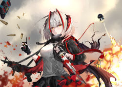 Rule 34 | 1girl, 1other, 60yifenzhi1deqiji, arknights, black gloves, black jacket, black skirt, breasts, bullet, cloud, cloudy sky, commentary, doctor (arknights), fingerless gloves, gloves, grey scarf, grey shirt, gun, highres, holding, holding sword, holding weapon, horns, jacket, long sleeves, looking at viewer, medium breasts, open clothes, open jacket, outdoors, parted lips, reverse grip, scarf, shirt, short hair, signature, silver hair, skirt, sky, sword, upper body, w (arknights), weapon, yellow eyes