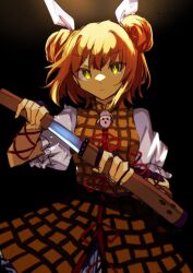 Rule 34 | 1girl, armor, armored dress, black background, blonde hair, closed mouth, commentary, double bun, dress, hair bun, hair ribbon, haniwa (statue), highres, holding, holding sword, holding weapon, joutouguu mayumi, looking at viewer, one-hour drawing challenge, ribbon, short hair, short sleeves, solo, souko illust, sword, touhou, weapon, white ribbon, yellow dress, yellow eyes