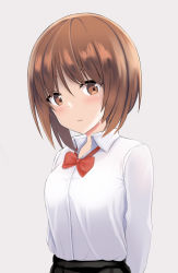 Rule 34 | 1girl, alternate costume, arms behind back, blouse, blush, bow, bowtie, brown eyes, brown hair, closed mouth, commentary, dress shirt, frown, girls und panzer, looking at viewer, masa (masa craft twi), nishizumi miho, red bow, red bowtie, school uniform, shirt, short hair, simple background, solo, tears, upper body, white shirt, wing collar