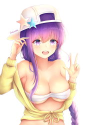 Rule 34 | 1girl, :d, arm up, bare shoulders, baseball cap, bb (fate), bb (fate) (all), bb (swimsuit mooncancer) (fate), bb (swimsuit mooncancer) (first ascension) (fate), bikini, blush, braid, breasts, cleavage, collarbone, commentary request, endsmall min, fate/grand order, fate (series), front-tie top, hair between eyes, hat, hat ornament, highres, jacket, long hair, long sleeves, medium breasts, navel, open mouth, purple eyes, purple hair, round teeth, sideways hat, signature, simple background, single braid, smile, solo, star (symbol), swimsuit, teeth, upper body, upper teeth only, v-shaped eyebrows, very long hair, white background, white bikini, white hair, yellow jacket