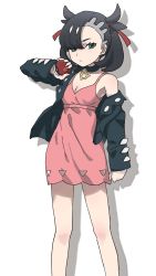 Rule 34 | 1girl, absurdres, asymmetrical bangs, asymmetrical hair, black choker, black hair, black jacket, black nails, choker, closed mouth, commentary, creatures (company), dress, dusk ball, frown, game freak, green eyes, hair ribbon, highres, holding, holding poke ball, jacket, jewelry, kosuda, long sleeves, looking at viewer, marnie (pokemon), nail polish, nintendo, off shoulder, open clothes, open jacket, pendant, pink dress, poke ball, poke ball (basic), pokemon, pokemon swsh, red ribbon, ribbon, shadow, short dress, simple background, solo, spaghetti strap, standing, twintails, undercut, white background