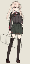 Rule 34 | 1girl, black jacket, black thighhighs, blonde hair, blue eyes, blush stickers, brown footwear, collared shirt, full body, grey background, grey skirt, hand on own hip, holding, jacket, loafers, long hair, long sleeves, looking away, original, pleated skirt, shirt, shoes, sidelocks, simple background, skirt, solo, standing, thick eyebrows, thighhighs, twintails, white shirt, yakob labo