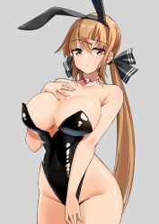 Rule 34 | 1girl, animal ears, areola slip, black bow, black leotard, bow, breasts, brown eyes, brown hair, collarbone, cowboy shot, fake animal ears, female focus, grey background, groin, hair between eyes, hair bow, hair ornament, hairclip, heart-shaped lock, heart lock (kantai collection), highres, kantai collection, komb, large breasts, leotard, long hair, low twintails, playboy bunny, rabbit ears, simple background, solo, strapless, strapless leotard, tashkent (kancolle), twintails