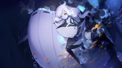 Rule 34 | 1girl, animal, belt, black footwear, bodysuit, boots, breasts, breath, carrying, carrying under arm, choker, cleavage, collarbone, colored skin, detached sleeves, diving, diving suit, enemy vessel (warship girls r), fish, floating hair, glowing, glowing eyes, grey skin, hair ornament, highres, kyuri tizu, long hair, looking at viewer, lost abyssal transport ship (warship girls r), low twintails, ocean, small breasts, submerged, thigh boots, thigh strap, thighhighs, twintails, underwater, warship girls r, wetsuit, whale, white hair, yellow eyes