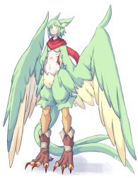 Rule 34 | 1girl, 4138, blush stickers, boots, feathered wings, female focus, green hair, harpy, monster girl, navel, original, ribs, scarf, simple background, solo, standing, white background, wings, yellow eyes