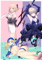 Rule 34 | 3girls, ahoge, aqua background, armpits, arms up, artoria pendragon (all), artoria pendragon (fate), bare shoulders, bikini, black bow, blonde hair, blue eyes, blue headwear, blush, bow, breasts, cleavage cutout, clothing cutout, covered navel, dango, detached sleeves, dress, eating, excalibur morgan (fate), fate/grand order, fate (series), food, from below, from side, garter straps, hair bow, henken, highres, japanese clothes, katana, kimono, looking at viewer, medium breasts, multicolored background, multicolored hair, multiple girls, mysterious heroine x (fate), mysterious heroine xx (fate), navel, obi, okita souji (fate), okita souji (koha-ace), pink background, ponytail, purple background, saber alter, sandals, sash, short kimono, shrug (clothing), skindentation, sleeveless, sleeveless kimono, smile, swimsuit, sword, thigh strap, thighhighs, wagashi, weapon, white bikini, wind, wind lift, yellow eyes
