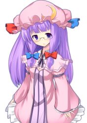 Rule 34 | 1girl, bespectacled, bow, crescent, female focus, glasses, hair bow, hat, long sleeves, patchouli knowledge, purple eyes, purple hair, snow (gi66gotyo), solo, touhou, white background, wide sleeves