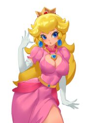 Rule 34 | 1girl, blonde hair, blue eyes, breasts, cleavage, cleavage cutout, clothing cutout, crown, dress, earrings, gloves, heart, heart cutout, jewelry, large breasts, little blood, long hair, mario (series), nintendo, princess peach, short sleeves, super mario bros. 1, white background, wide hips