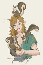 Rule 34 | 1boy, animal, animal on head, blonde hair, blue eyes, cropped torso, d:, earrings, english text, food, grey background, highres, holding, holding food, ivy (sena0119), jewelry, link, long hair, male focus, nintendo, nut (food), on head, open mouth, pointy ears, shoulder tattoo, simple background, squirrel, tattoo, teeth, the legend of zelda, the legend of zelda: tears of the kingdom, upper teeth only
