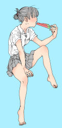 Rule 34 | 1girl, bare arms, bare legs, barefoot, blue background, collared shirt, commentary request, food, from side, full body, grey hair, grey skirt, hair bun, hand up, highres, holding, holding food, knee up, open mouth, original, pleated skirt, popsicle, profile, school uniform, shiki haru, shirt, shirt tucked in, short sleeves, simple background, single hair bun, sitting, skirt, solo, sweat, teeth, upper teeth only, watermelon bar, white shirt