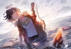 Rule 34 | 1girl, absurdres, afloat, bandages, bandaged arm, bandages, black hair, cd, cellphone, cloud, cloudy sky, commentary, commentary request, day, earphones, english commentary, flat chest, guitar, highres, huge filesize, instrument, kokorin, ocean, original, paper, partially submerged, phone, short hair, sky, solo, standing, tears, white sky