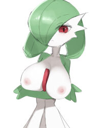 Rule 34 | 1girl, a (pixiv 84181739), bob cut, breasts, closed mouth, collarbone, colored skin, creatures (company), crossed arms, female focus, game freak, gardevoir, gen 3 pokemon, green hair, green skin, hair over one eye, large breasts, looking at viewer, multicolored skin, nintendo, nipples, one eye covered, pokemon, pokemon (creature), red eyes, short hair, simple background, sketch, solo, standing, two-tone skin, upper body, white background, white skin