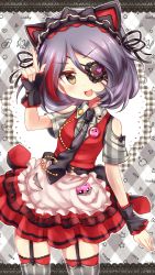 Rule 34 | &gt;:d, 1girl, :d, animal ears, apron, badge, black thighhighs, blush, brown eyes, button badge, cat ears, clothing cutout, cowboy shot, eyepatch, fake animal ears, fangs, frilled apron, frills, garter straps, hairband, hand up, hayasaka mirei, head tilt, heart, highres, idolmaster, idolmaster cinderella girls, lolita hairband, looking at viewer, mugi (user khzh5853), multicolored hair, necktie, open mouth, outline, pocket, purple hair, red hair, short hair, short sleeves, shoulder cutout, smile, solo, streaked hair, striped clothes, striped thighhighs, thighhighs, two-tone hair, v-shaped eyebrows, vertical-striped clothes, vertical-striped thighhighs, waist apron, white apron