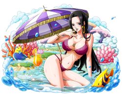 Rule 34 | 1girl, bikini, black hair, blue eyes, boa hancock, breasts, cleavage, large breasts, long hair, navel, one piece, simple background, solo, swimsuit, tagme