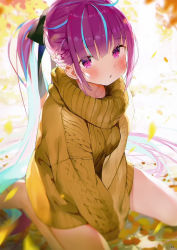 Rule 34 | 1girl, absurdres, ahoge, blue hair, blurry, blurry background, blush, braid, colored inner hair, dress, gaou (umaiyo puyoman), highres, hololive, long hair, long sleeves, looking at viewer, minato aqua, multicolored hair, page number, parted lips, ponytail, purple eyes, purple hair, ribbed sweater, scan, simple background, sitting, solo, sweater, sweater dress, virtual youtuber, wariza
