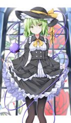 Rule 34 | 1girl, alternate costume, black hat, black pantyhose, buttons, collar, eyeball, feet out of frame, frilled collar, frilled sleeves, frills, green eyes, green hair, hair between eyes, hat, hat ribbon, heart, heart of string, highres, juliet sleeves, komeiji koishi, long sleeves, pantyhose, parted lips, puffy sleeves, ribbon, sabana, short hair, solo, stained glass, third eye, touhou, yellow ribbon