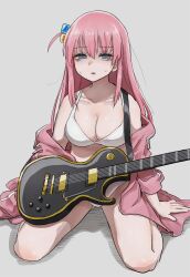 Rule 34 | 1girl, aqua eyes, bags under eyes, bare shoulders, bocchi the rock!, bra, breasts, cleavage, collarbone, cube hair ornament, electric guitar, gibson les paul, gotoh hitori, grey background, guitar, hair ornament, half-closed eyes, highres, instrument, jacket, jacket partially removed, large breasts, legs, long hair, long sleeves, no pants, one side up, open clothes, open jacket, open mouth, panties, pink hair, pink jacket, sitting, solo, sweat, sweatdrop, tabao, track jacket, underwear, wariza, white bra, white panties
