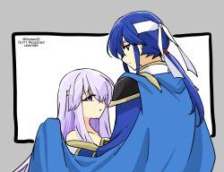 Rule 34 | bandana, blue hair, brother and sister, cape, circlet, fire emblem, fire emblem: genealogy of the holy war, julia (fire emblem), looking at viewer, looking back, nintendo, ponytail, purple hair, seliph (fire emblem), siblings, simple background, staring, yukia (firstaid0)