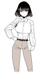 Rule 34 | 1girl, belt, blunt bangs, bob cut, breasts, closed mouth, earrings, grey background, guee (ebifry teishoku), hand on own hip, hatching (texture), highres, holding, jewelry, looking at viewer, monochrome, original, short hair, simple background, single earring, solo, standing