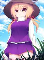 Rule 34 | 1girl, blonde hair, breasts, brown headwear, closed mouth, cloud, darumoon, grass, highres, long sleeves, looking at viewer, moriya suwako, outdoors, purple skirt, purple vest, red ribbon, ribbon, ribbon-trimmed legwear, ribbon-trimmed sleeves, ribbon trim, shirt, short hair with long locks, skirt, sky, sleeves past fingers, sleeves past wrists, smile, solo, standing, thighhighs, touhou, turtleneck, vest, white shirt, white thighhighs, yellow eyes