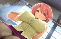 Rule 34 | 1girl, blush, breasts, bursting breasts, button gap, closed mouth, curtains, day, from below, game cg, hair ornament, hairclip, higashiboujou akira, highres, indoors, ishikei, large breasts, legs, looking at viewer, love cube, panties, pantyhose, pantyshot, puffy nipples, red hair, shirt, short hair, sitting, skirt, smile, solo, sunlight, thighs, underwear, wall, window, yellow eyes, yellow shirt