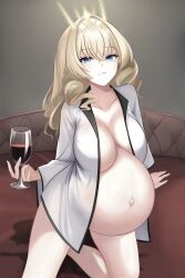 Rule 34 | absurdres, alcohol, big belly, blonde hair, blue eyes, breasts, cleavage, collarbone, commentary request, crossed bangs, crown (naked king) (nikke), crown (nikke), cup, djgh5738, drill hair, drinking glass, goddess of victory: nikke, highres, holding, holding cup, large breasts, long hair, long sleeves, naked robe, official alternate costume, outie navel, pregnant, robe, white robe, wine, wine glass
