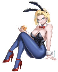 Rule 34 | 1girl, alternate costume, android 18, animal ears, artist name, ass, bare shoulders, black leotard, blonde hair, blue eyes, blue pantyhose, blush, bow, bowtie, breasts, burnt green tea, cleavage, closed mouth, commentary, crossed legs, detached collar, dragon ball, dragon ball (object), dragonball z, ear piercing, english commentary, fake animal ears, fingernails, high heels, highres, holding, invisible chair, leotard, medium breasts, pantyhose, piercing, playboy bunny, rabbit ears, red bow, red bowtie, red footwear, short hair, simple background, sitting, solo, strapless, strapless leotard, thighs, white background, wrist cuffs