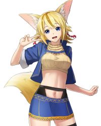 Rule 34 | 1girl, :d, animal ears, black thighhighs, blonde hair, blue eyes, blue jacket, blue skirt, breasts, brown hair, clenched hand, commentary request, cowboy shot, cropped jacket, cropped sweater, fox ears, fox girl, fox tail, head tilt, highres, jacket, jewelry, large breasts, looking at viewer, miniskirt, multicolored hair, navel, necklace, open mouth, ribbed sweater, short hair, short sleeves, simple background, skirt, smile, solo, streaked hair, sugi 214, sweater, tail, thighhighs, v, white background, wide sleeves, yellow sweater
