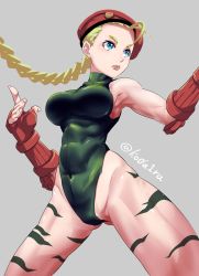 Rule 34 | 1girl, abs, beret, blonde hair, blue eyes, braid, breasts, cammy white, camouflage, capcom, closed mouth, commentary, covered navel, curvy, fingerless gloves, gloves, green leotard, groin, hat, highleg, highleg leotard, highres, koda1ra, legs, leotard, long hair, muscular, muscular female, shiny skin, simple background, solo, street fighter, street fighter ii (series), thighs, thong leotard, twin braids