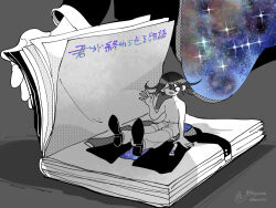 Rule 34 | 2boys, ahirumamire, book, closed eyes, coat, danganronpa (series), danganronpa v3: killing harmony, facing viewer, greyscale, hair between eyes, long sleeves, mini person, miniboy, monochrome, multiple boys, oma kokichi, open book, out of frame, pants, shadow, shoes, short hair, signature, sitting, sparkle, spot color, topless male, translation request, waving